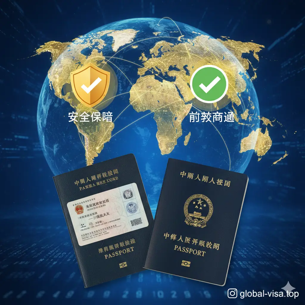 体现Global-visa.top核心优势的视觉图。画面中心是一个连接全球的地图光网,象征全球化服务。重点突出‘签证衔接’这一服务优势,展示新旧两本护照平铺在一起,旧护照上贴有显眼的美国十年签证页。画面中包含专业服务的图形元素,如金色的盾牌图标(代表安全)和绿色的对勾(代表高效通过),体现网站在处理EVUS登记和签证转移方面的专家级水准。