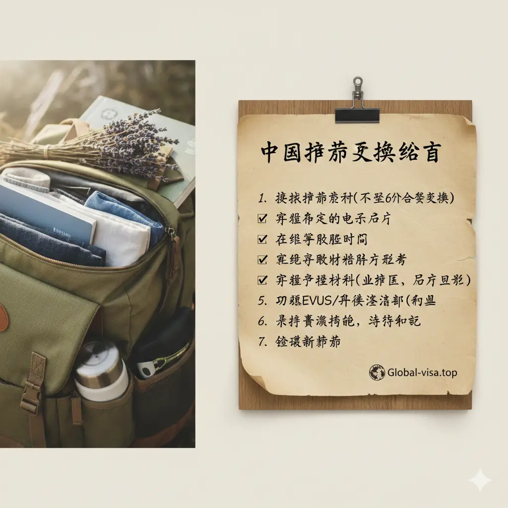 文章总结回顾图。采用极简主义的清单构图方式,背景是一个整理得井井有条的旅行者背包一角。画面右侧是一张带有复古风格的清单便签,上面列有检查护照有效期、确保存储电子照片、更新EVUS登记等关键提醒事项。整体风格轻松愉悦,色调明亮自然,给人以‘万事俱备,准备出发’的积极心理暗示,右下角带有Global-visa.top的标志性视觉元素。