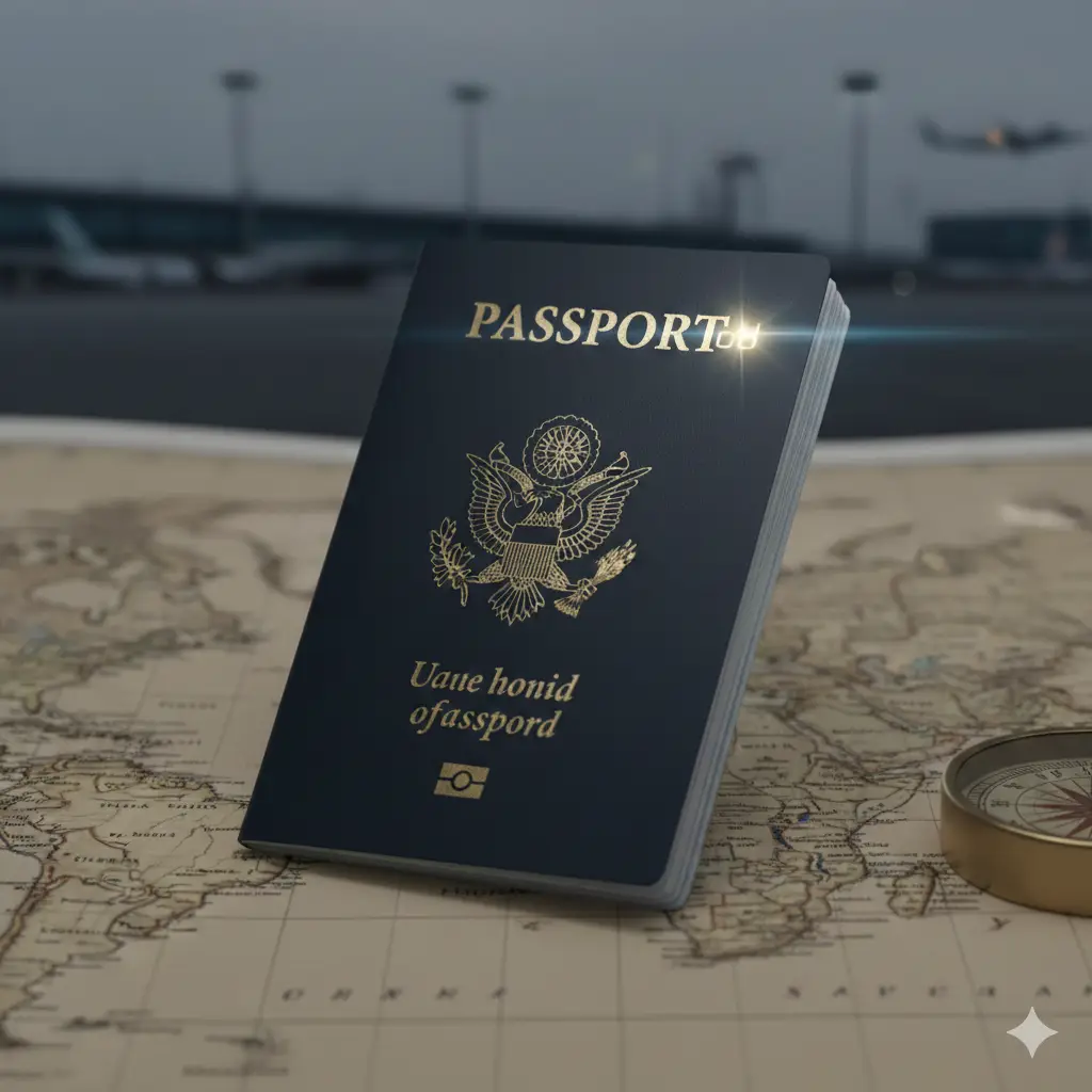 一张高质量、专业风格的文章封面图。画面中央是一本深蓝色的美国护照，放置在干净的办公桌面或旅行地图上。护照右上角有明显的发光高亮效果，暗示美国护照号的位置。背景点缀着一些旅行元素如精致的指南针或模糊的机场航站楼。色调以深蓝色、金色和白色为主，构图采用对角线分布，整体氛围权威且具有信服力。