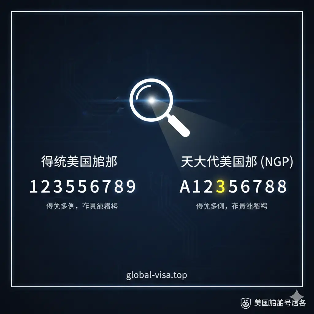 一张展示美国护照号格式与结构的平面设计风格图片。左侧展示传统护照的9位纯数字示例，右侧展示下一代护照（NGP）的字母加数字组合（如A12345678）。图片使用对比鲜明的深色背景，配合科技感的发光字体。中间使用放大镜图标聚焦在号码的起首字母上，清晰区分UID号码与护照号的区别，元素排版整齐，易于读者快速捕捉关键信息。