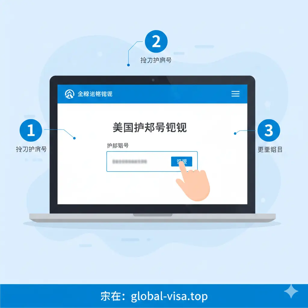 一张步骤分解式的教程引导图，模拟USTravelDocs和CEAC查询系统的操作界面。画面中展示一个简洁的笔记本电脑屏幕，屏幕上是输入美国护照号的搜索框，配有一只正在点击查询按钮的手。周围环绕着分步引导的1-2-3数字气泡。色彩明亮，以蓝白色调为主，旨在直观指导用户如何进行护照号码追踪和签证状态查询。