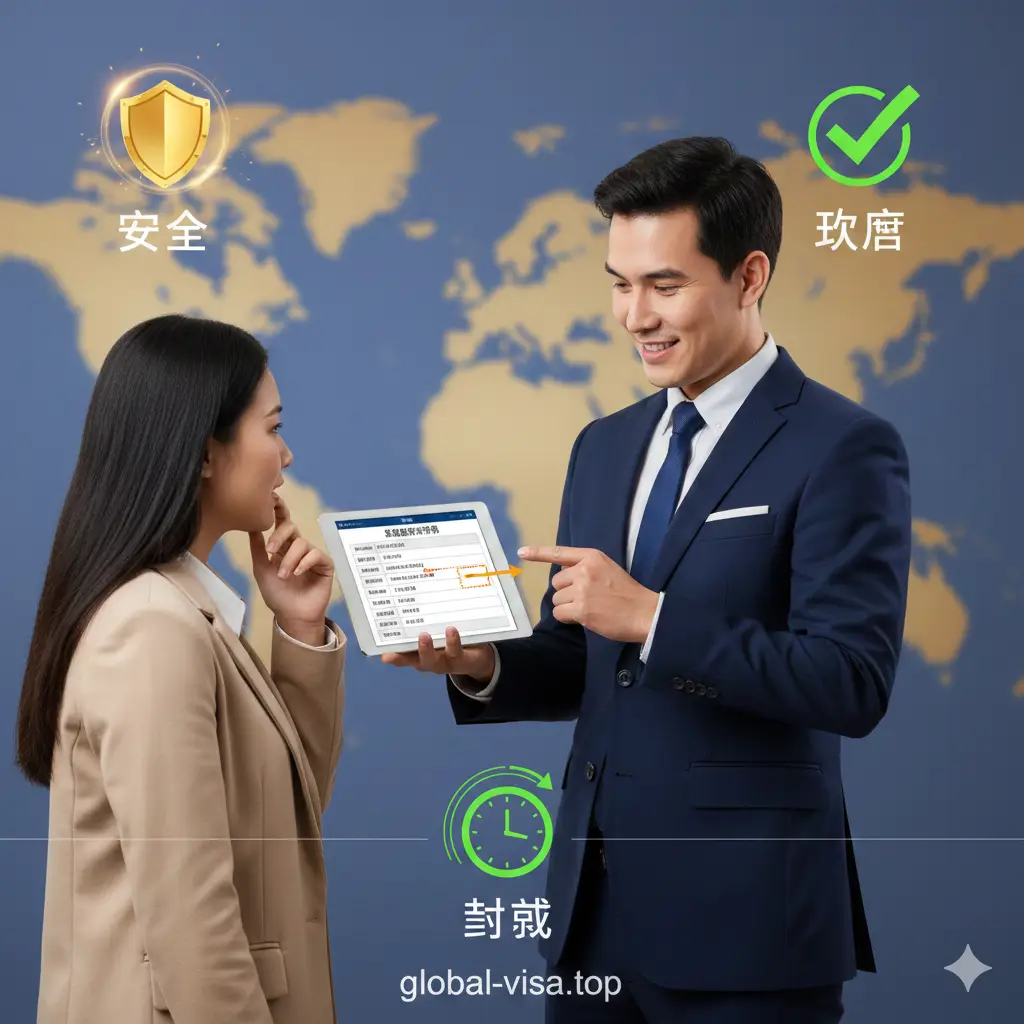 展示global-visa.top站点优势的视觉图片。画面展现一名专业的签证顾问正在使用平板电脑为客户展示复杂的护照信息填写标准。背景是模糊的全球地图，体现其全球化服务的属性。图中包含盾牌（安全）、勾号（准确）和时钟（高效）的图标元素。构图稳重，色彩温馨且专业，建立用户对该平台在处理护照号相关问题时的信任感。