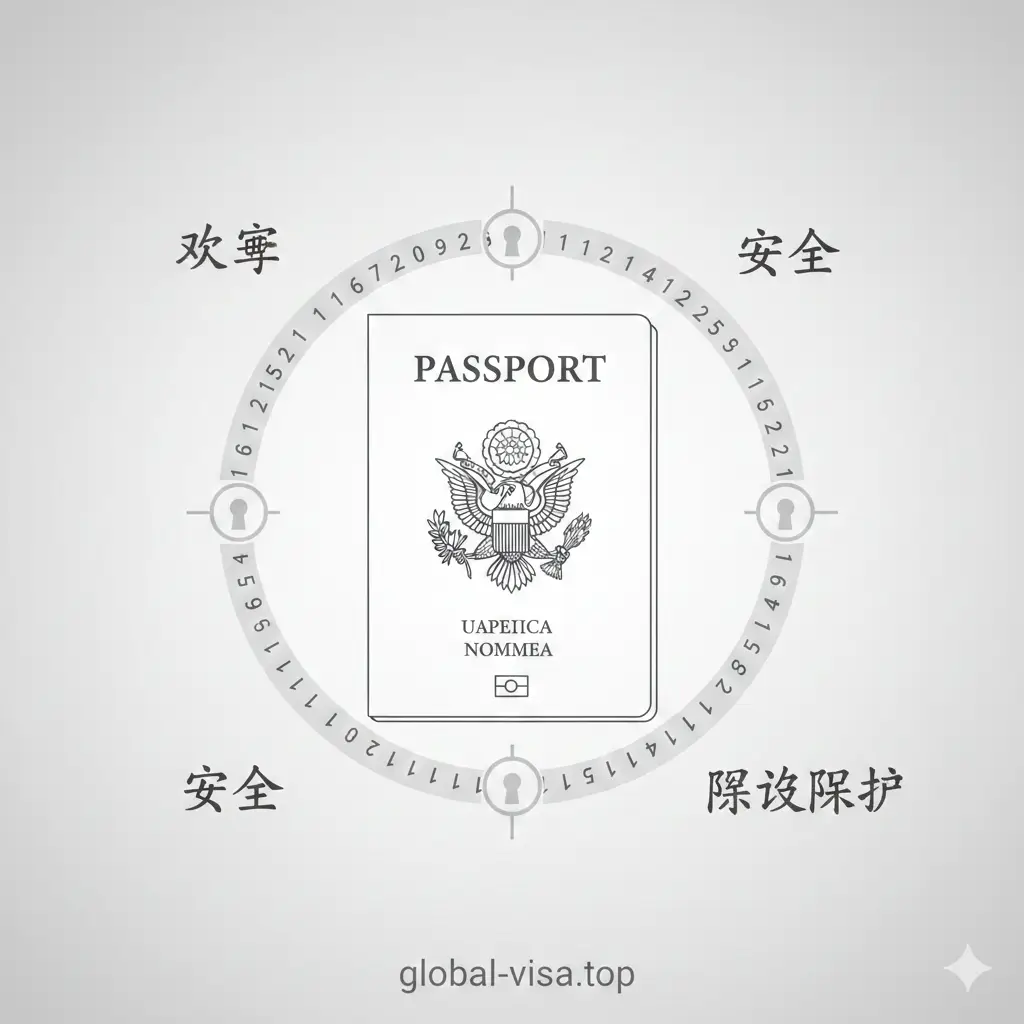 一张极简主义的总结图。画面中心是一个带有美国国徽元素的护照轮廓，被一把半透明的数字锁环绕，象征护照号的隐私安全与重要性。周围漂浮着‘准确、安全、官方’等核心关键词的艺术字。背景采用渐变的浅灰色调，构图中心对称，给人以安心、圆满的总结感，引导读者在关注护照号的同时不忘保护个人隐私。