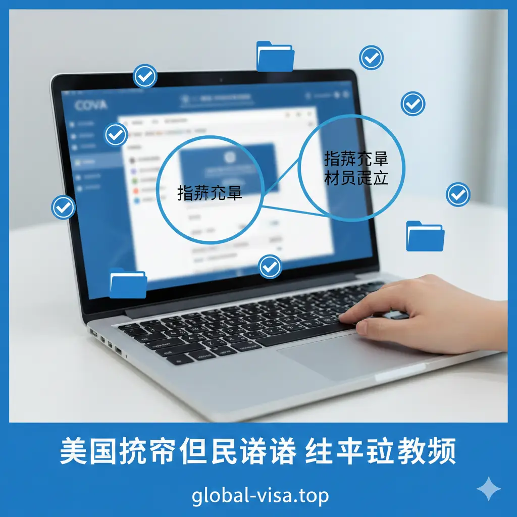 一张具有引导性的教程示意图。画面展示一只手正在笔记本电脑触控板上操作，屏幕上显示出模糊处理的COVA在线填表系统界面。