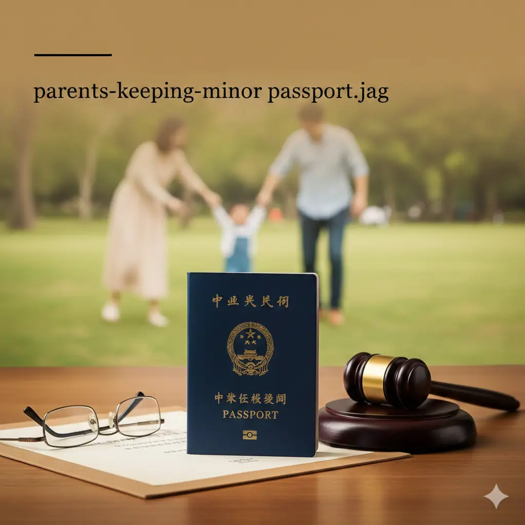 一张具有电影感和法律严肃性的封面图。画面中心是一本深蓝色的中国护照，放置在光洁的木质书桌上，旁边是一副法槌和一副老花镜，背景是一对父母与孩子在公园玩耍的模糊重影，象征监护权与家庭关系的交织。色调偏暖但保持专业感，构图采用对角线分布，强调护照作为核心元素，上方留白方便添加标题文字。