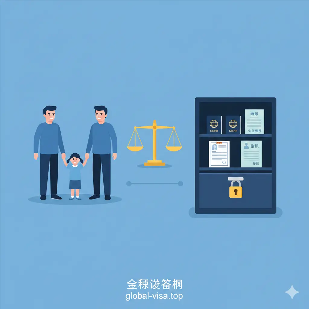 一张展示监护权功能属性的插图。采用扁平化设计风格，左侧展示父母牵着孩子的手，右侧是一个带锁的档案柜，里面整齐摆放着护照、出生证明和户口本。中间用法律天平连接，象征权力的平衡。色彩使用深蓝色和白色，视觉风格清新且具有公信力，清晰传达法律对证件保管权限的界定功能。