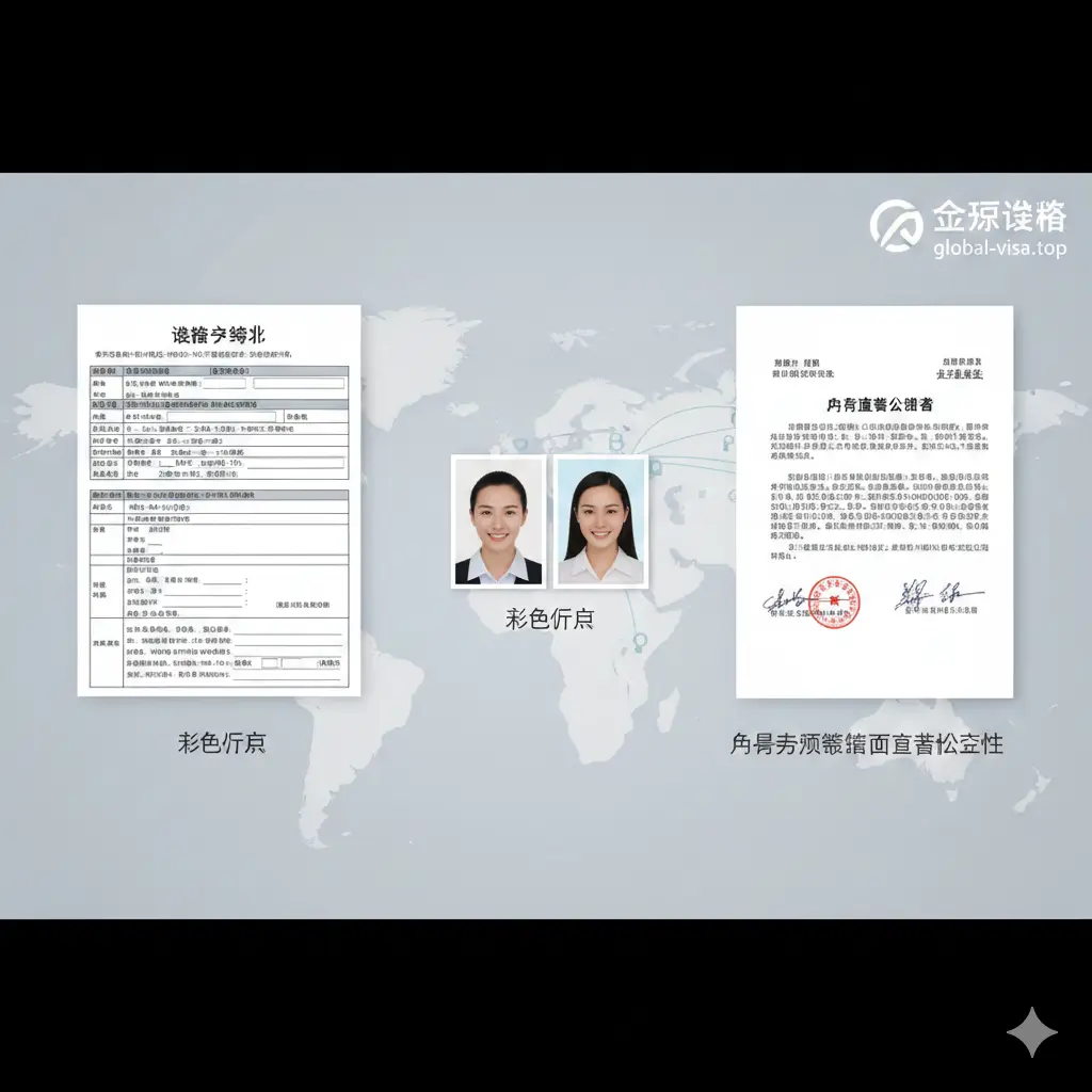 一张详细的签证办理流程实操引导图。画面呈现一个干净的办公桌面，从左到右依次排列：填写完整的签证申请表、两张彩色近照、以及父母双方签署的同意书公证件。背景是一个半透明的全球地图，体现Global-Visa的行业属性。构图采用俯视视角（Flat Lay），光线明亮均匀，突出办理过程中的每一个必要环节。