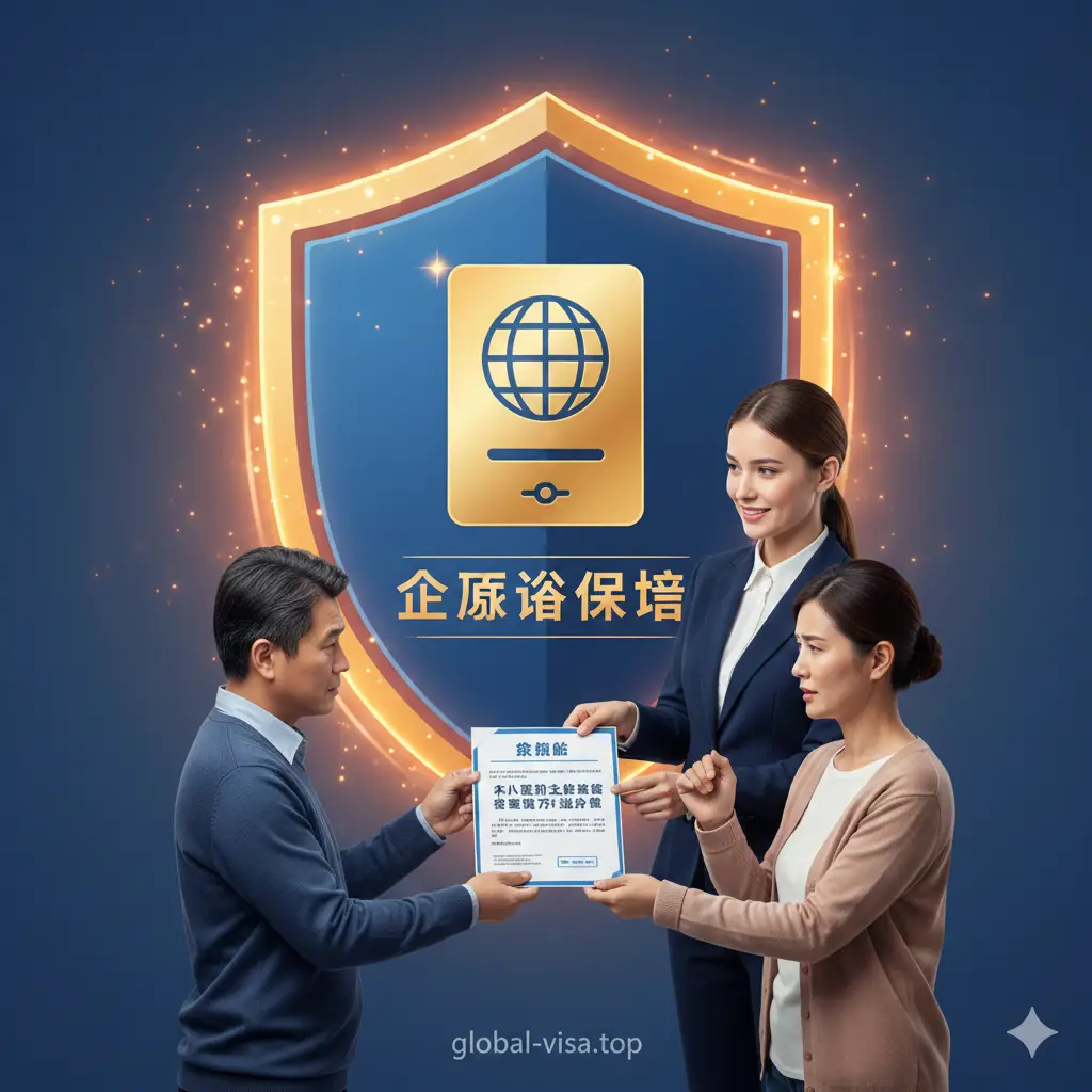 展示Global-Visa专业优势的创意图。一名身着职业装的法律顾问正在向一对面带愁容的夫妇递出解决方案文档，背景是一个发光的盾牌标识，内部嵌有护照图标，寓意专业的法律保护与签证保障。色调以品牌蓝和活力橙为主，构图聚焦在双方交接文件的手部，传递出专业、可靠、高效的品牌优势。