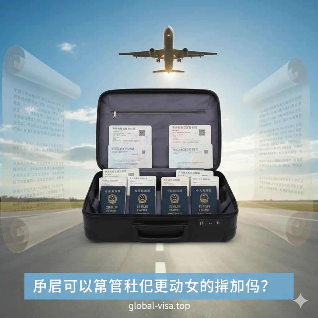 一张充满希望与圆满感的总结性图片。画面中心是一个打开的行李箱，里面放着办好签证的护照，背景是蓝天白云和即将起飞的飞机剪影。画面边缘融入了《民法典》的文字元素，象征通过合法途径解决了护照争议。色彩明快，对比度适中，构图采用中心发散式，传达出家庭矛盾化解后顺利出境的轻松氛围。