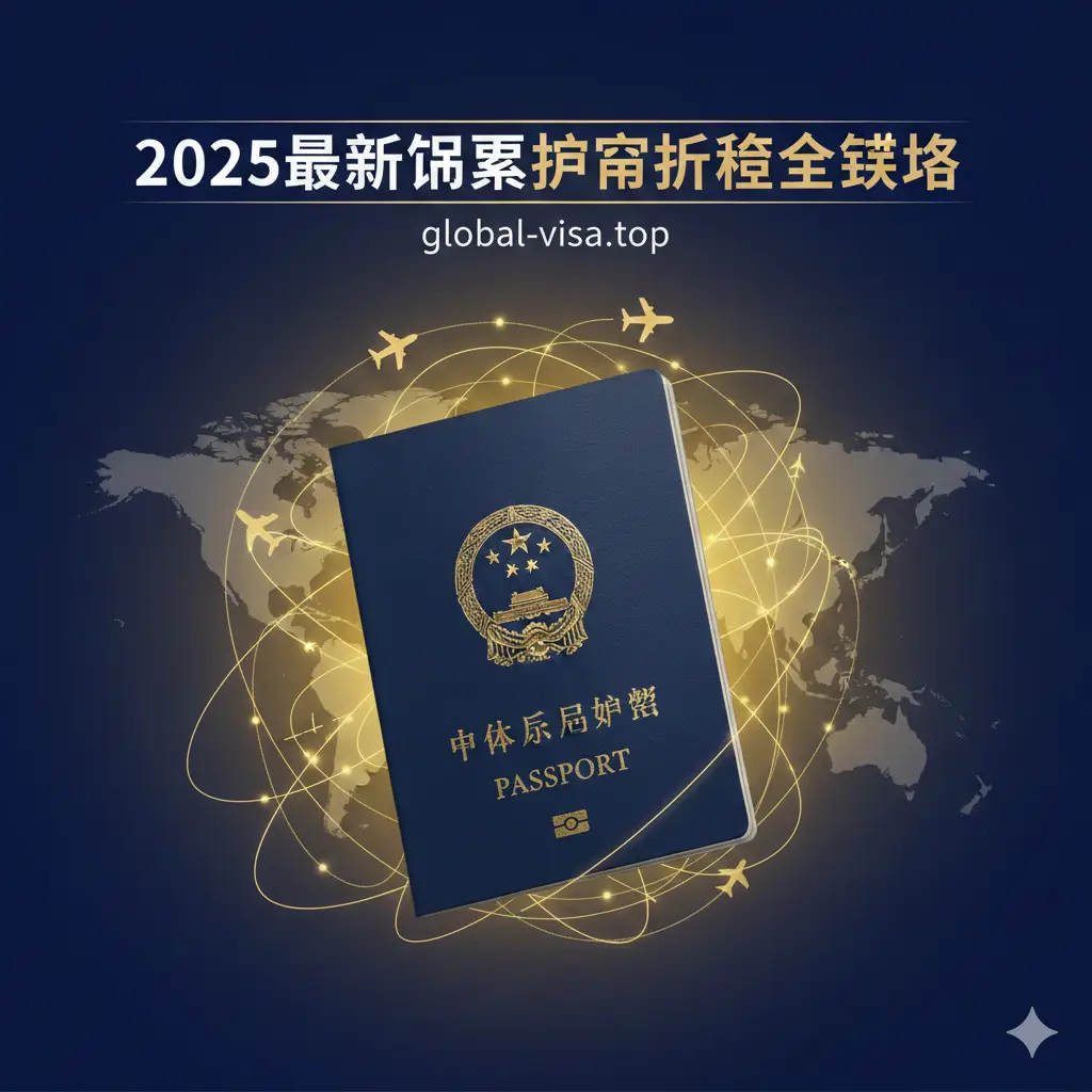 一张具有现代感且专业度高的封面图。画面中央是一本清晰的中国护照，周围环绕着极简风格的全球航线背景。背景色调以深蓝色和金黄色为主，象征权威与旅行。图片上方包含醒目的中文标题‘2025最新更新护照流程全攻略’，构图平衡，视觉中心突出，采用高清写实风格，体现global-visa.top的专业品牌形象。