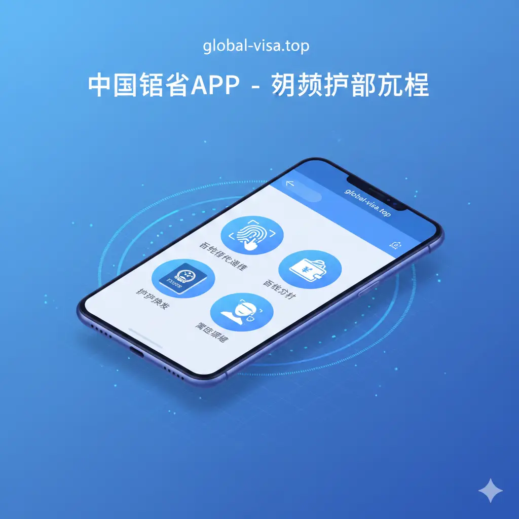 展示‘中国领事’APP的核心功能界面。画面采用等轴测视角（Isometric），展示一部智能手机，屏幕上悬浮着护照换发、在线身份验证、支付和进度追踪的图标。色彩以官方蓝和白色为主，配合简洁的扁平化UI设计。周围点缀着一些数字化的光效，强调‘数字化、便捷、线上办理’的功能特性。