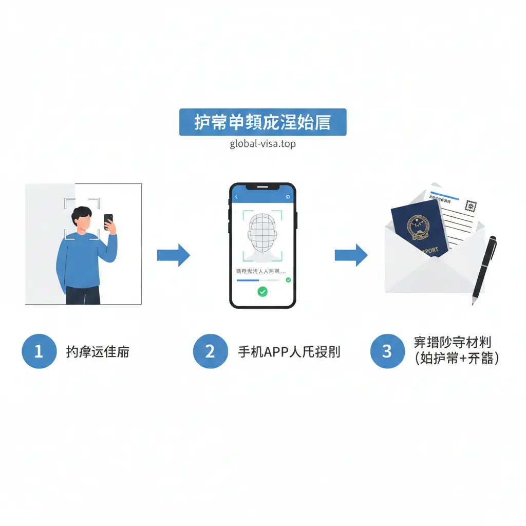 一张分步骤的流程示意图。采用干净的白色背景，利用箭头连接三个关键场景：首先是用户拍摄证件照，其次是手机APP的人脸识别操作，最后是准备邮寄的信封和旧护照。图中包含提示文字标签，人物形象采用中性、现代的插画风格。构图清晰有序，方便用户一眼理解更新护照的实操步骤。