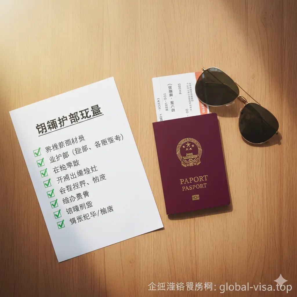 一张温馨且具有总结意义的结案图。画面是一个干净的桌面，上面放着一本崭新的中国护照、一副太阳镜和一张机票，旁边是一份勾选完成的Checklist清单。色调温暖、明亮，采用俯拍视角（Flat Lay）。图片底部带有淡淡的global-visa.top水印，给人以旅程即将开启的喜悦感和任务圆满完成的安心感。