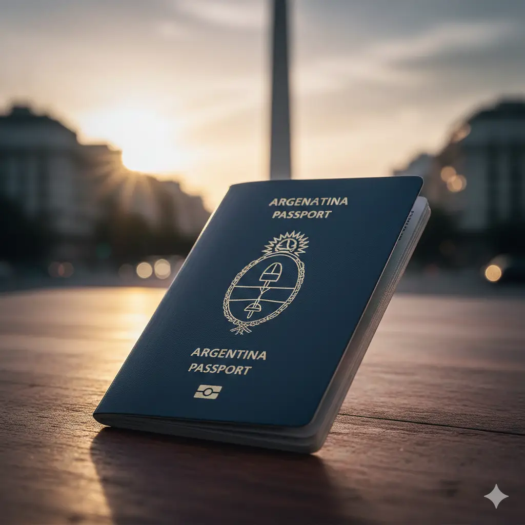 一张极具质感的封面图。中心位置是一本深蓝色的阿根廷护照，封面上金色的阿根廷国徽纹理清晰。护照放置在质地精良的木质书桌上，背景是模糊的布宜诺斯艾利斯标志性建筑方尖碑。光线温暖柔和，构图采用对角线分布，整体色调以深蓝、金黄和木质棕色为主，传递出权威、高端且国际化的视觉感受。