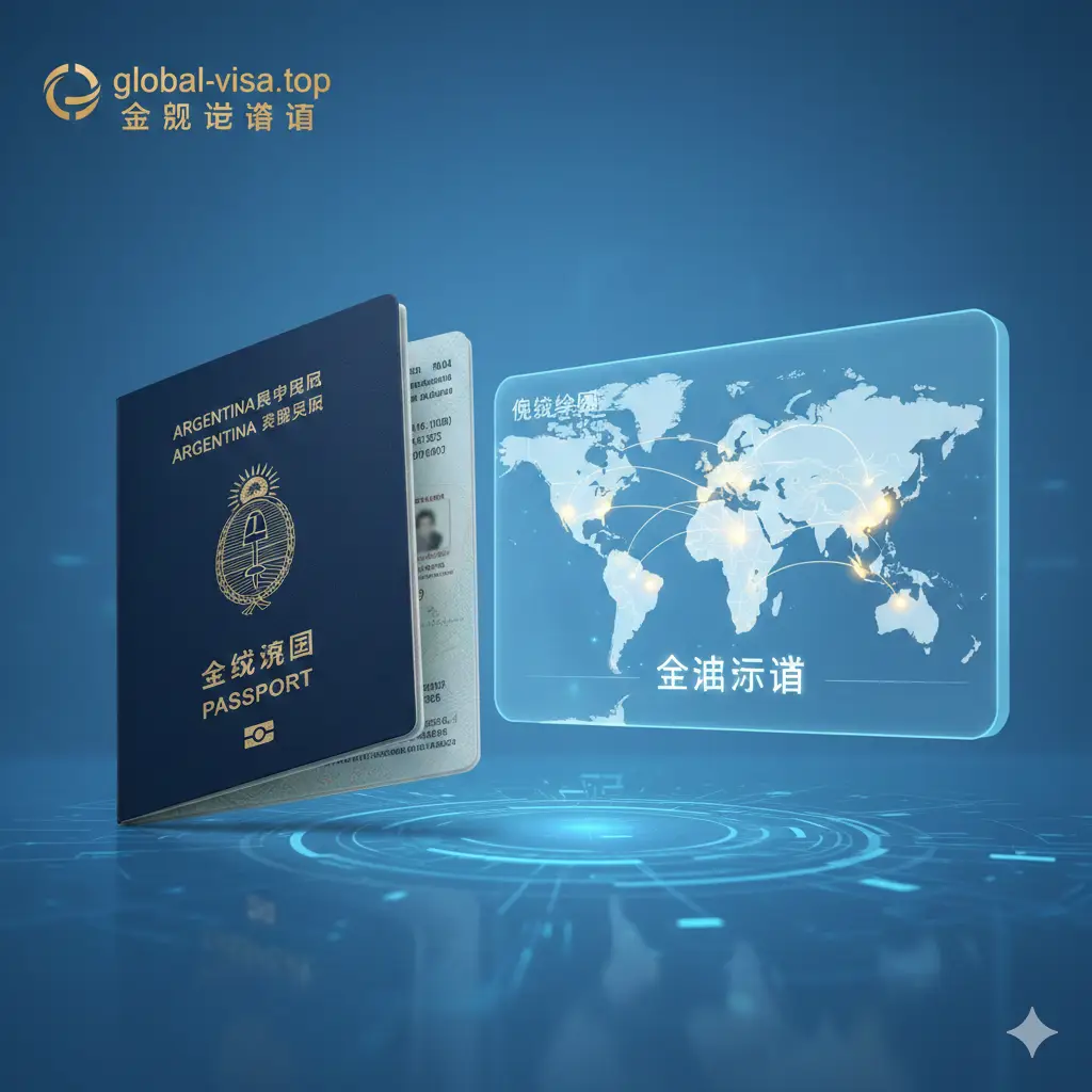 展示阿根廷护照核心功能的视觉图。画面左侧展示阿根廷护照，右侧以半透明浮窗形式展现全球地图，并用高亮的金色光点标注免签地区（如欧洲申根区、英国）。构图现代且富有科技感，背景采用干净的科技蓝渐变。画面中包含global-visa.top的文字Logo，风格简洁干练，体现出全球通行无阻的功能特性。