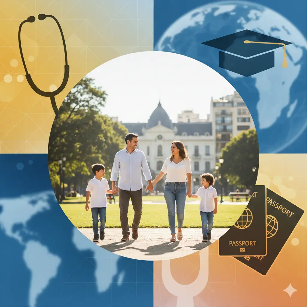 体现阿根廷生活与身份优势的拼贴感图片。中心是一个快乐的家庭在阿根廷公园漫步，背景融入了代表优质医疗的听诊器元素和代表高等教育的学位帽剪影。色调明亮、充满活力，饱和度较高，传达出移民阿根廷后能享受到的高福利、双重国籍保障以及优质生活质量，具有极强的吸引力。