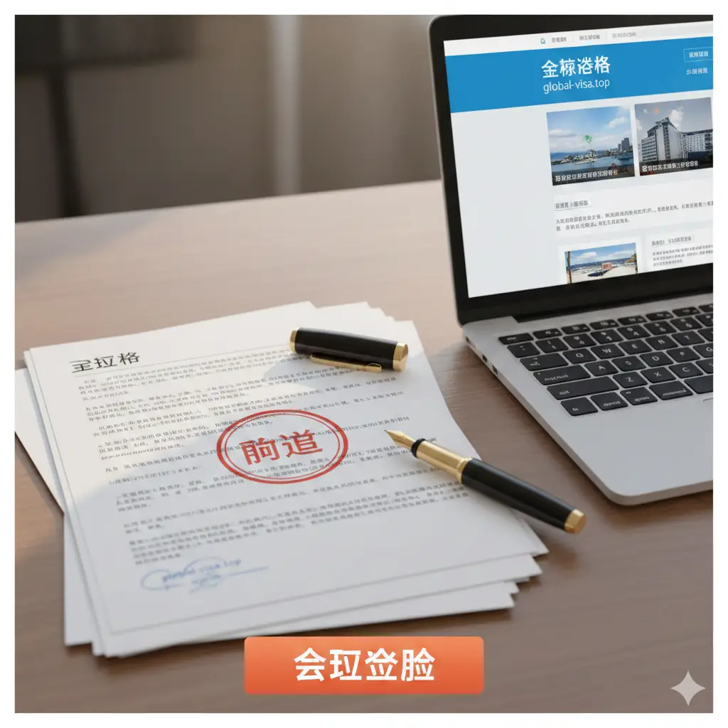 总结与行动呼吁图片。画面中心是一个盖有‘PASSED’印章的阿根廷入籍文件堆栈，旁边是一支精致的签字笔。背景是global-visa.top的官方网页设计预览图。构图稳定，给人以信赖感。底部的视觉重心是一个醒目的‘立即评估’按钮设计，配合温暖的商务光影，鼓励读者完成最后的咨询转化。