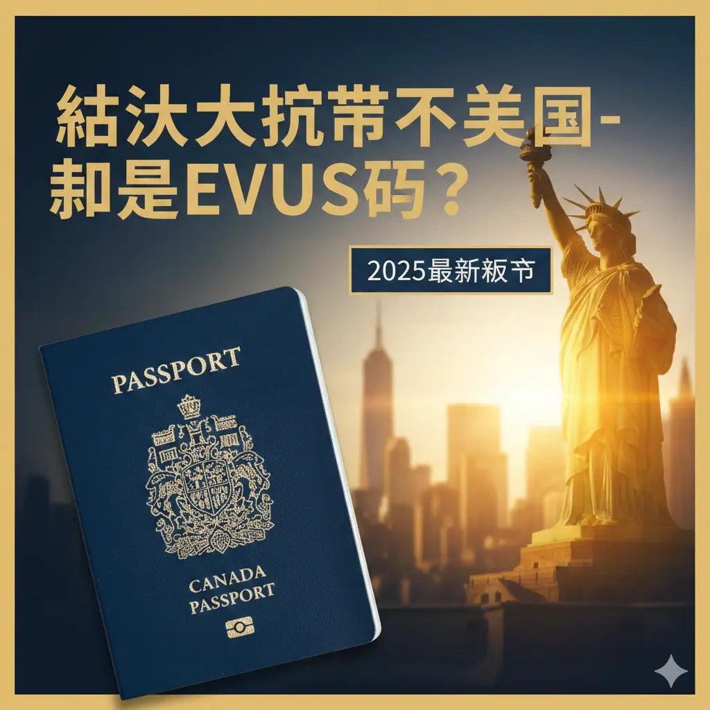 一张高质量、高亮度的封面图。画面左侧是一本深蓝色的加拿大护照，右侧是象征美国的自由女神像背景。中间文字使用大号、醒目的中文标题：‘加拿大护照去美国需要EVUS吗？’，并配有2025最新政策的角标。色彩以深蓝色和金黄色为主，呈现出权威、专业的商务旅行氛围，构图采用黄金分割比例，视觉中心聚焦在护照上。