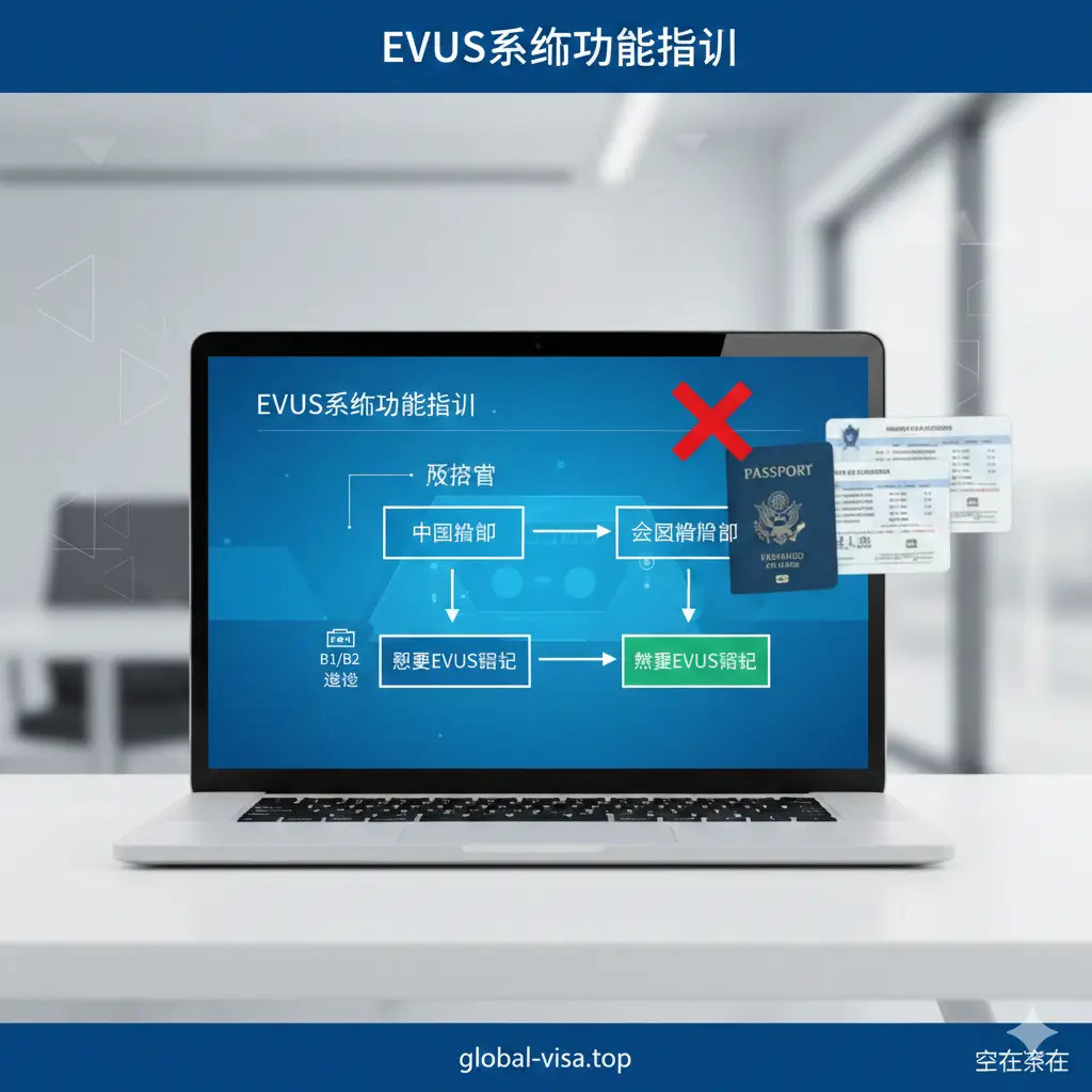 展示EVUS系统与入境证件关系的逻辑功能图。背景是极简的办公场景，桌面上放着笔记本电脑。屏幕上清晰显示出EVUS官方界面的概念设计。周围浮现出中国护照和B1/B2签证页的虚影，用红叉标注在加拿大护照旁边，表示其豁免关系。风格采用现代科技感扁平化设计，色彩以科技蓝和纯白为主，强调信息的准确性。