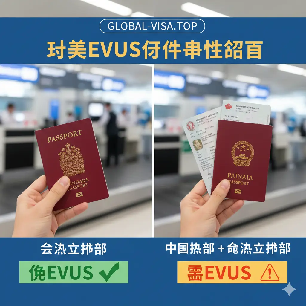 针对身份判定逻辑的教程指导图。画面被分为左右两部分：左侧是一个手持加拿大护照的人，标注‘免EVUS’并打上绿色的勾；右侧是一个持有中国护照和加拿大枫叶卡的人，标注‘需EVUS’并打上警告符号。背景是模糊的机场值机柜台。图片通过鲜明的视觉对比，指导用户如何根据自身护照国籍判定是否需要登记，风格清新且易于理解。