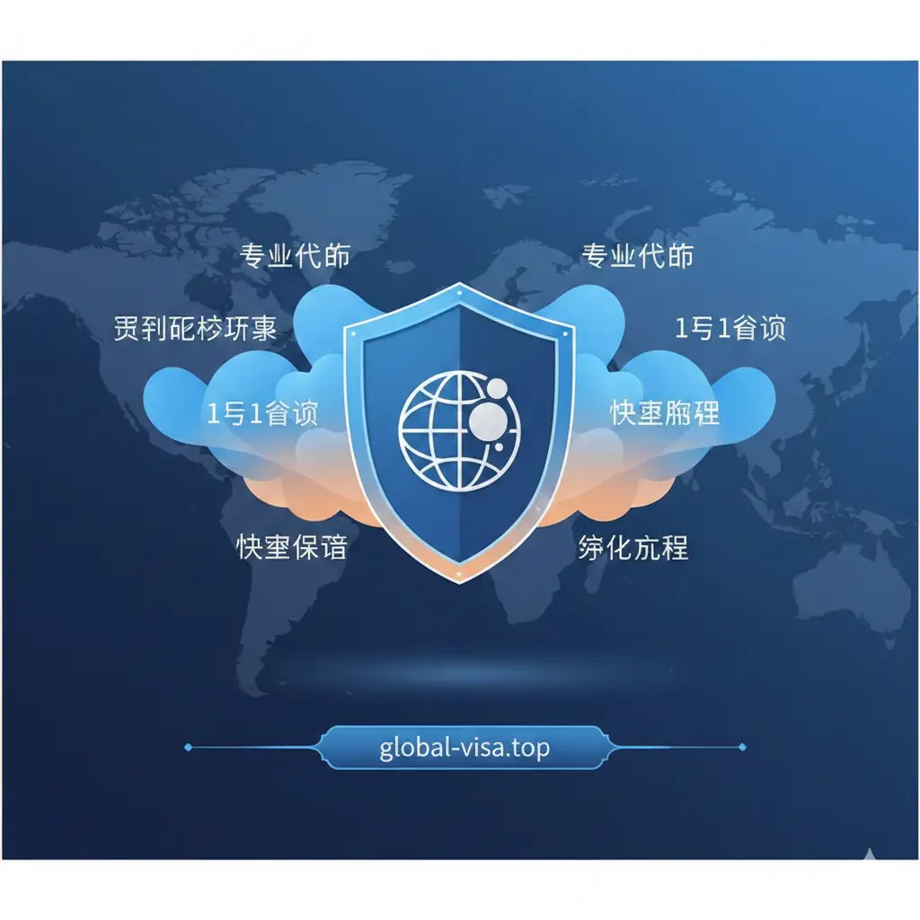 体现global-visa.top专业服务优势的图片。画面中心是一个带有地球仪图标的盾牌，象征着全球签证保障。周围环绕着‘专业代办’、‘实时政策更新’、‘1对1咨询’等文字云。色彩使用global-visa.top品牌标志性的蓝色与橙色。构图平衡对称，给人一种稳重、可信赖的心理暗示，展现出网站在处理复杂跨境身份问题上的专业度。