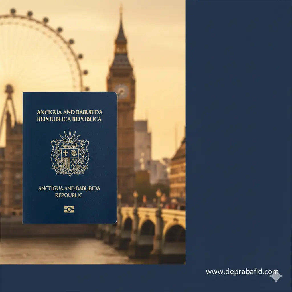 一张高质量的商务旅行封面图。画面左侧近景展示一本深蓝色的安提瓜和巴布达护照，细节清晰可见。背景是朦胧的伦敦城市地标，包括大本钟和伦敦眼，采用温暖的夕阳金色调。构图大气，留有足够的空白区域用于放置标题。风格现代且专业，体现出高端海外出行的安全感与便捷感。