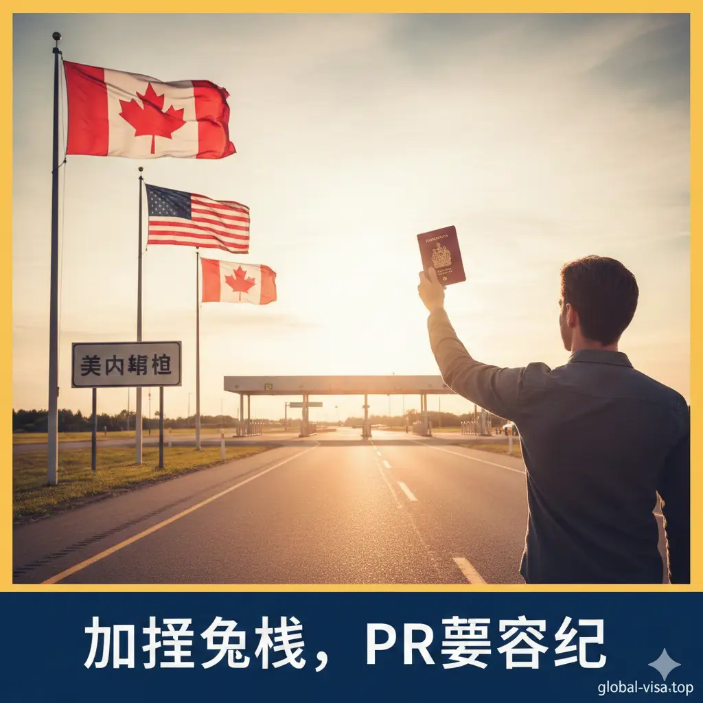 整篇文章的总结视图。画面展示一名旅行者自信地拿着加拿大护照在美加边境口岸通关的背影，阳光明媚，前景是平整的公路和美加国旗元素。图片下方带有简洁的文字摘要：‘加籍免签，PR需登记’。色彩饱和度高，充满希望感。整体设计旨在给读者提供一个清晰、肯定的最终答案，作为文章阅读的收尾，视觉效果大方且专业。