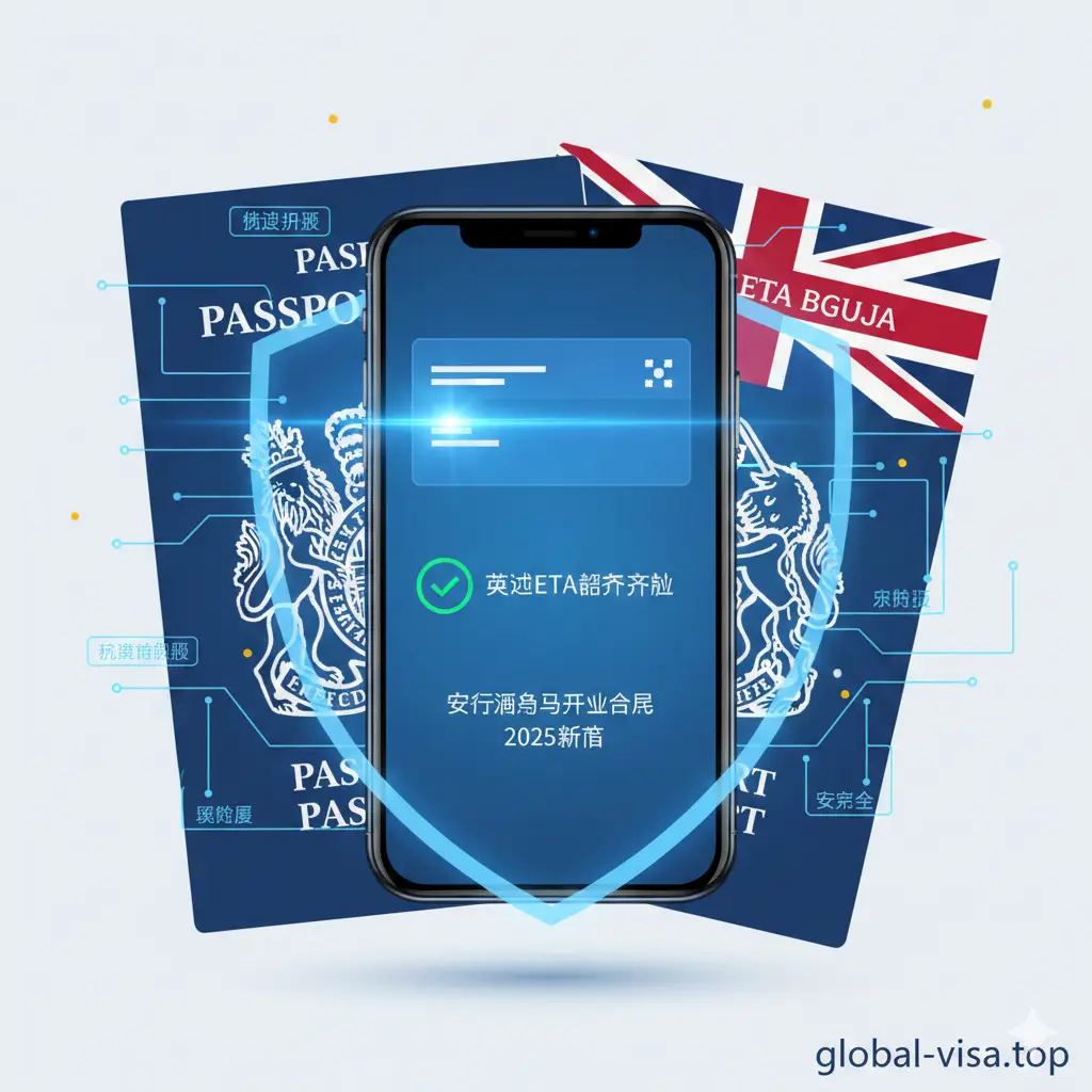 展示英国ETA数字化政策的功能示意图。画面中心是一个发光的智能手机屏幕，屏幕上显示着带有绿色勾选图标的英国ETA数字证书界面。背景融合了安提瓜护照的剪影与英国国旗元素。色彩以科技蓝和简洁白为主，周围环绕着象征数字化、速度和安全扫描的线条感，突显2025年新政下的数字化预审流程。