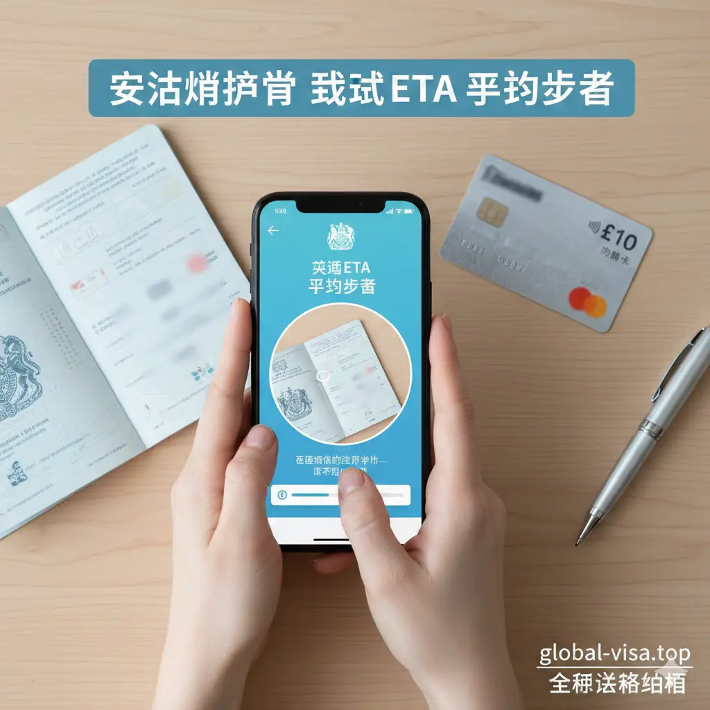 手把手教学风格的构图。画面展示一只手正在使用手机App‘UK ETA’扫描安提瓜护照的芯片页。通过俯视角度拍摄，桌面整洁，旁边放着一张带有£10字样的支付卡卡片和一支精致的签字笔。光线自然柔和，强调操作的真实感与简单易学的步骤，色调清新、明亮，符合global-visa.top的专业指南风格。