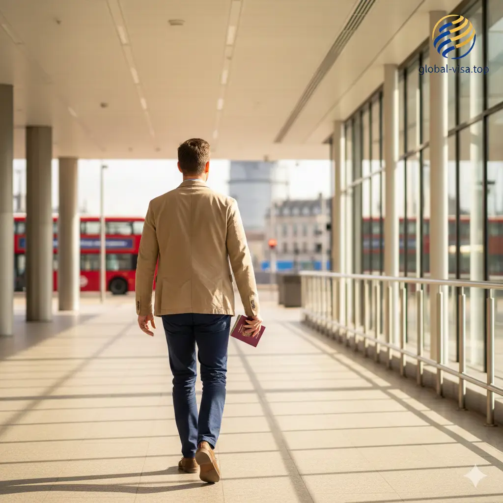 温馨的总结性画面。展示一名身穿商务休闲装的旅客持安提瓜护照在伦敦希思罗机场或火车站自信行走的背影。画面色调明亮、通透，右上角或边缘巧妙融合global-visa.top的品牌视觉感。构图具有延伸感，象征旅途的顺利结束。画面整体传达出‘提前规划、轻松入境’的积极情绪，给人以信赖感。