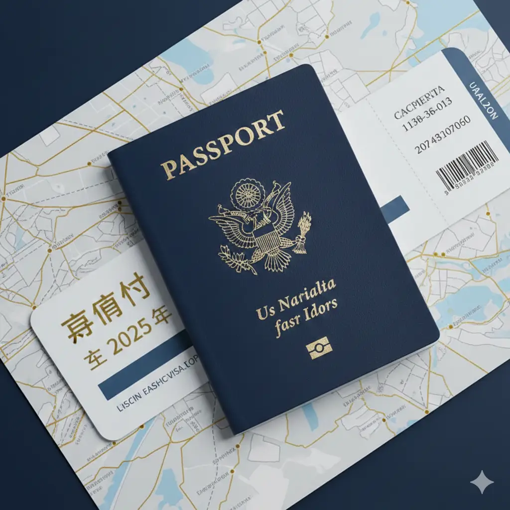 一张高质量且具有冲击力的封面图。画面中央是一本清晰的深蓝色美国护照,放置在干净的现代旅行地图或机场航站楼背景上。旁边摆放着一张写有‘2025’字样的机票或登机牌。色调以深蓝、金黄和白色为主,视觉焦点集中在护照封面的国徽上。构图采用斜角俯视,营造出即将启程的期待感,整体风格专业、权威且充满现代气息。