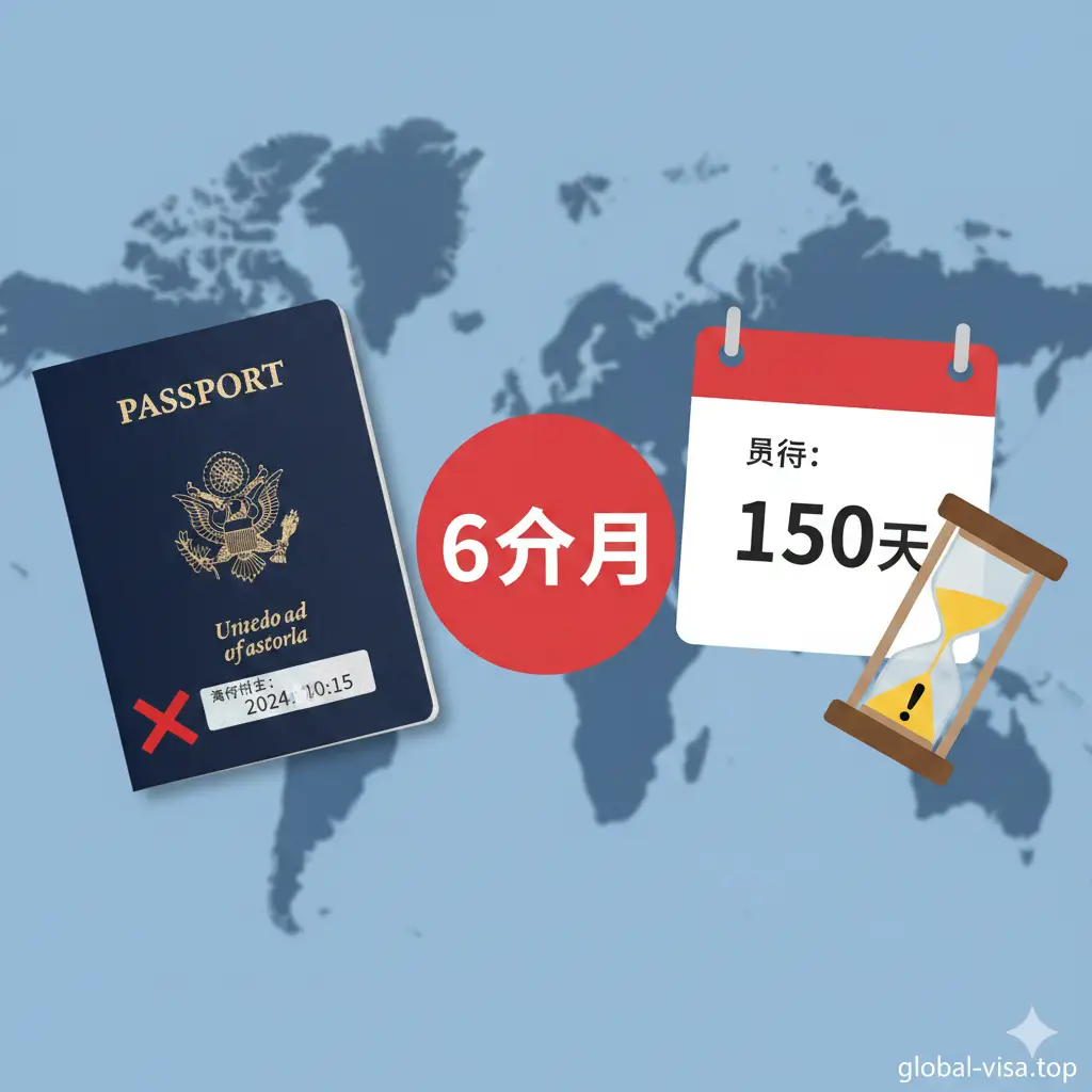 展示‘6个月有效期规则’概念的功能图。左侧显示一本护照及其过期日期,右侧是一个倒计时的日历和警示沙漏。画面中间用醒目的红色圆圈标出‘6 Months’字样。背景是模糊的世界地图,代表国际旅行限制。色彩上运用冷色调背景配合红黄色的警示元素,构图采用左右对比,清晰地向读者传达护照有效期剩余不足时的紧迫感。