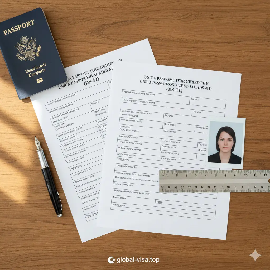 一张直观的护照更新流程教程图。展示整齐摆放在木质桌面上的DS-82和DS-11表格原件,旁边配有一支精致的钢笔、标准尺寸的护照照片以及一把测量照片比例的尺子。光线明亮自然,采用垂直俯拍构图(Flat Lay),展示出严谨的申请准备过程。色彩柔和,以白色纸张、深蓝色护照和原木色桌面为主,体现步骤的清晰与专业性。