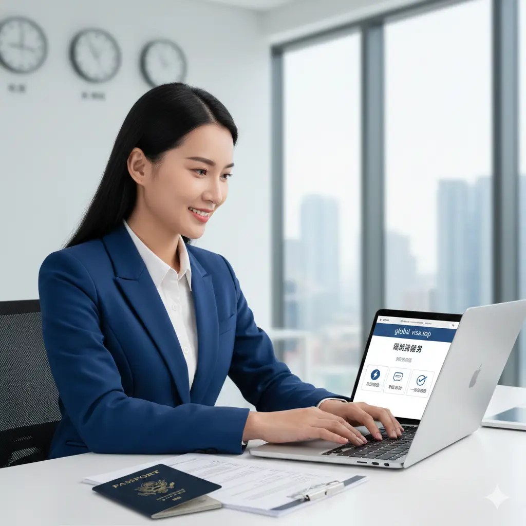 体现Global-Visa代办优势的视觉图。一名专业的顾问正在使用笔记本电脑处理护照申请,屏幕上显示出global-visa.top的官方网页。背景是整洁的现代化办公室,墙上挂着显示全球主要城市时间的时钟。画面中融入了‘加急’、‘专业咨询’和‘一次性通过’的视觉隐喻,如闪电图标和勾选框。色彩以品牌蓝和商务白为主,构图稳重,传达出值得信赖的服务感。