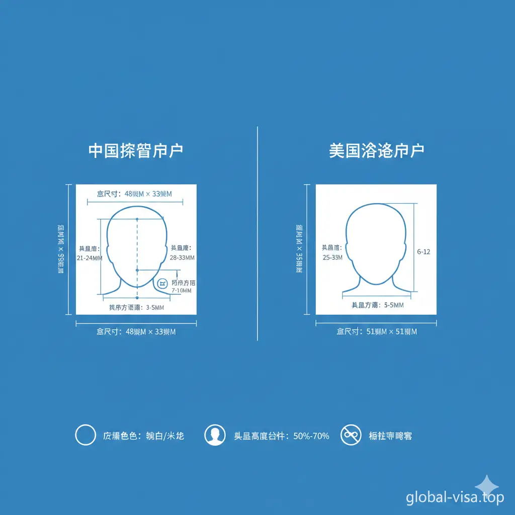 一张精细的功能图，采用对比构图。左侧展示中国护照照片标准尺寸48x33mm的详细标注线，右侧展示美国签证照片51x51mm的比例要求。背景为洁净的行政蓝色，并配有极简风格的图标表示背景颜色、头部高度和禁止佩戴眼镜的标识，呈现出高度的工具属性和参考价值。