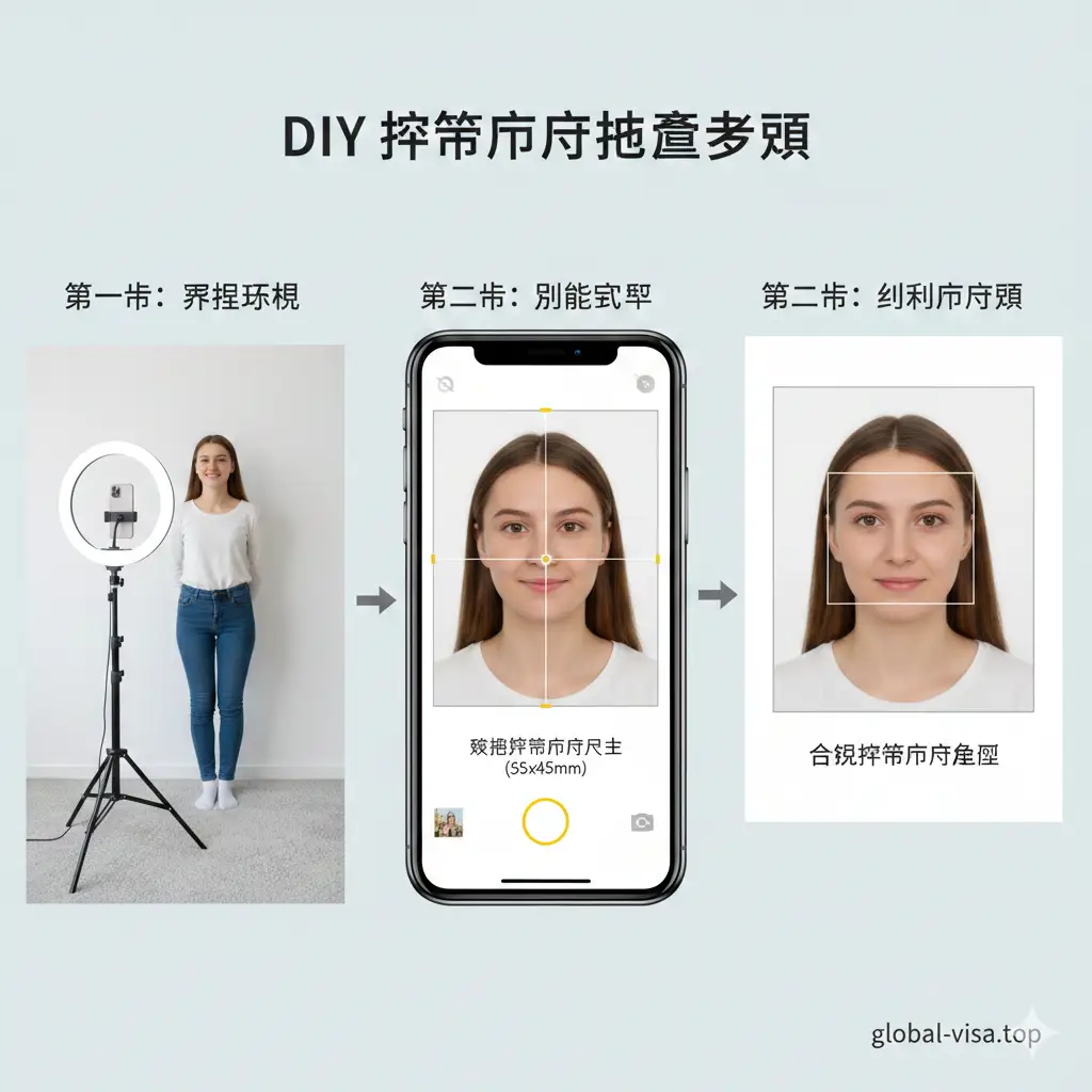 一张详细的拍摄教程图。画面分为三个步骤：第一步是人站在白色背景墙前，前方设有环形补光灯和手机三脚架；第二步是手机屏幕显示的裁剪网格线对准人脸；第三步是最终合规照片的效果。色彩自然清新，视角为侧向全景，展示拍摄环境的布置细节，风格富有指导性和亲和力。