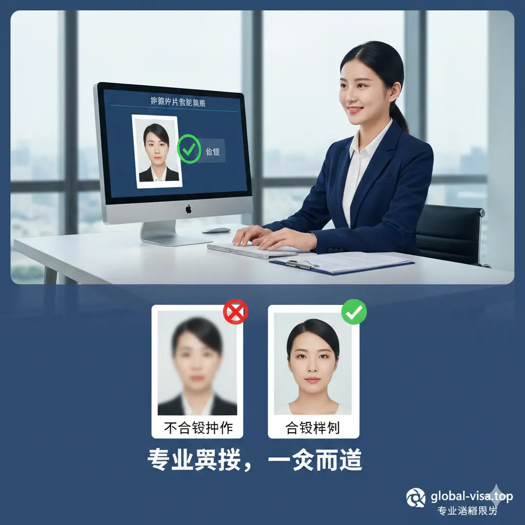 展示专业代办服务的优势图片。一名穿着专业的签证顾问在现代化的办公室里，面对电脑屏幕上通过的人脸识别检测系统，屏幕上显示着绿色的‘合格’对勾。画面前景聚焦在对比鲜明的‘合规照片’与‘不合规照片’案例上。色彩以专业蓝和白色为主，构图精练，突出准确性和省时省力的品牌优势。