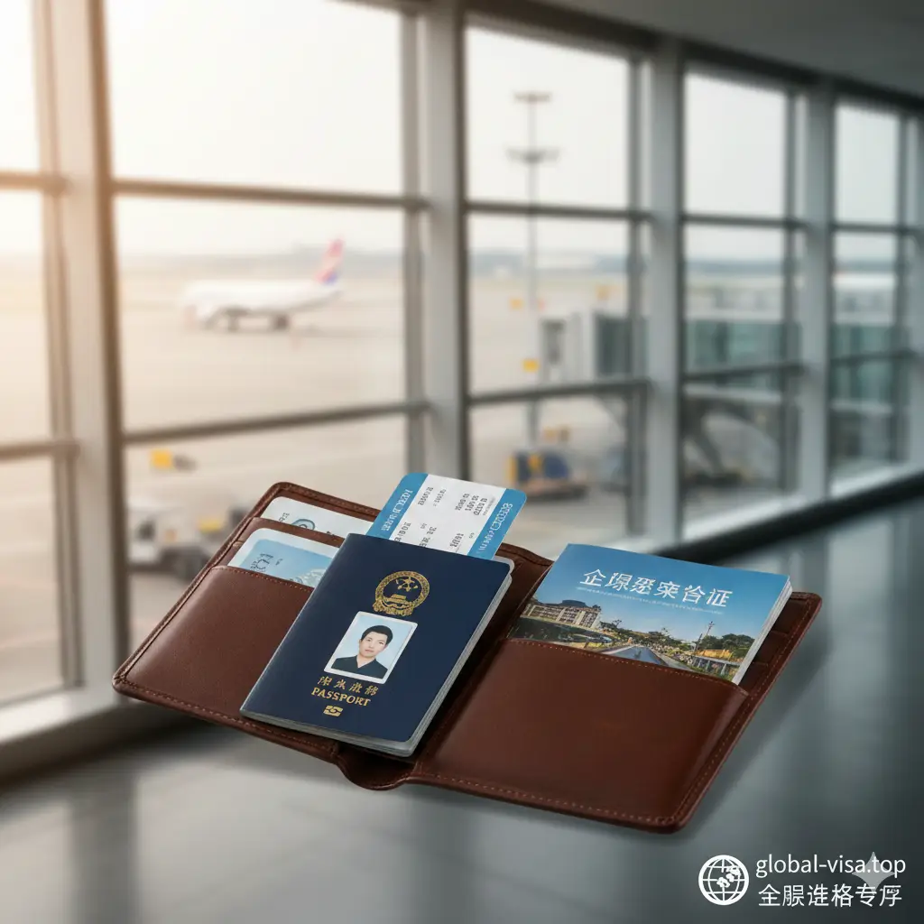 一张充满成就感的总结图。画面中心是一个精致的旅行者皮夹，里面整齐摆放着贴有照片的新护照、登机牌和一本旅行手册。光线柔和，营造出即将出发的愉悦氛围。背景是模糊的航站楼玻璃窗，整体构图平衡，象征着通过准确的照片规格顺利获得签证并开启全球旅程。