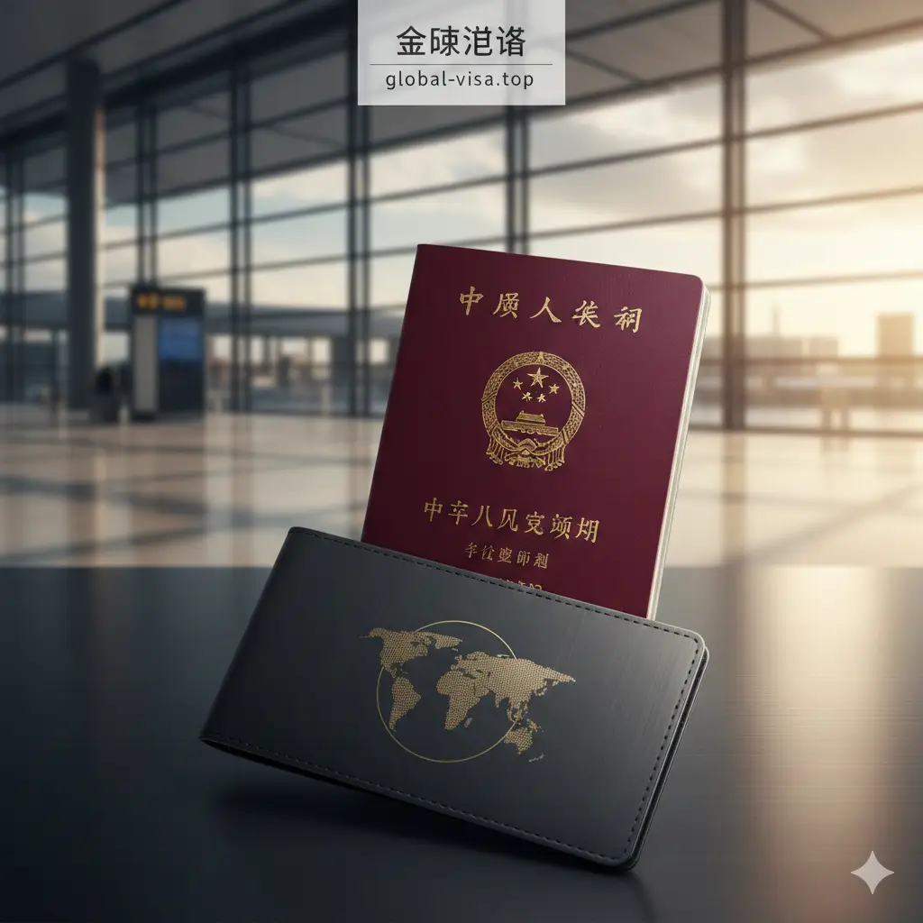 一张极具质感的封面大图，特写镜头展示一本精致的勃艮第红色护照放置在极简主义风格的护照夹上。背景是虚化的现代国际机场航站楼，阳光透过巨大的落地窗洒下柔和的金光。画面色调高端大气，深红色与金属拉丝质感相互映衬，画面中心留白处带有隐约的全球地图轮廓，象征着全球通行的自由感与高级感。