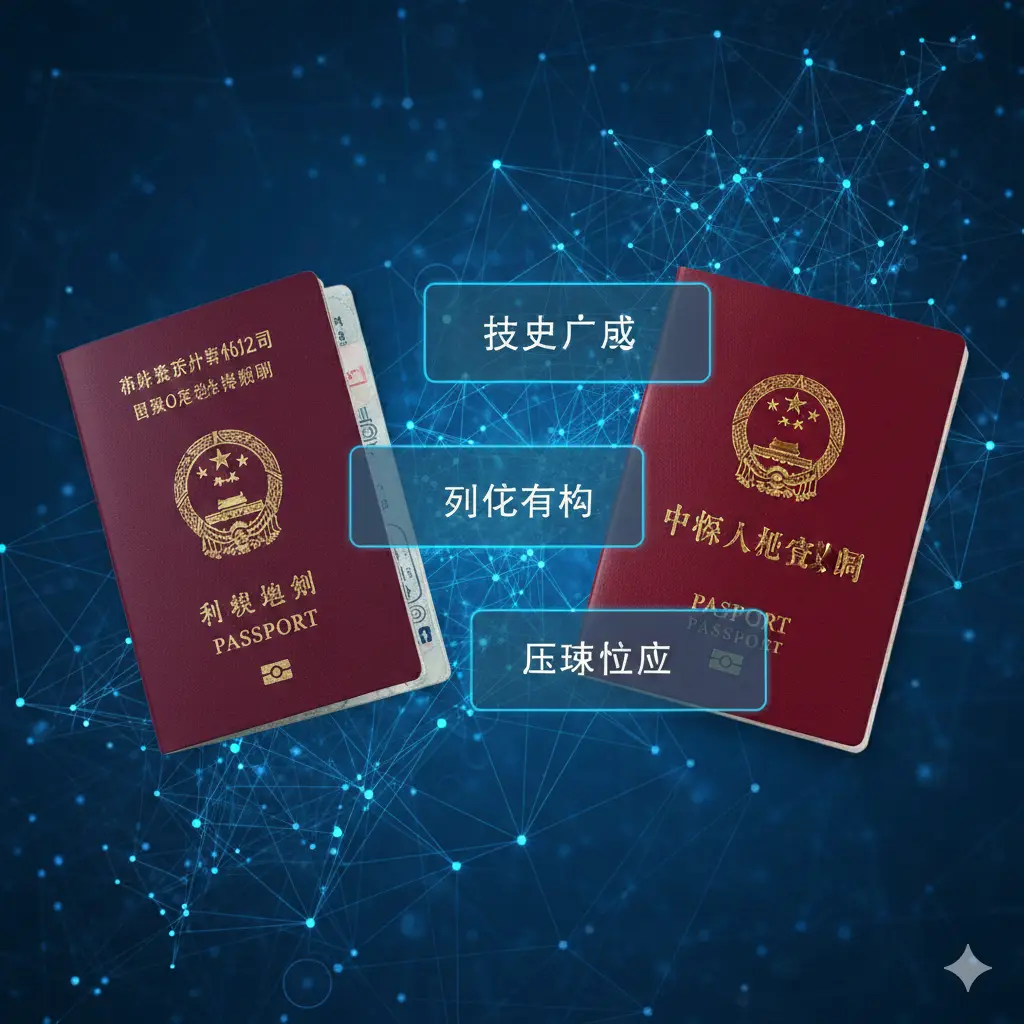 这张功能性图片采用分屏对比的视觉构图，展示不同色调的红色护照特征。左侧为代表欧盟的勃艮第红，右侧为代表中国的深红色。中间穿插精美的UI卡片元素，标注出‘历史背景’、‘政治含义’与‘地理位置’等关键词。背景采用科技感的蓝色渐变线条，将护照实物与信息图表结合，展现红色护照背后的地缘政治逻辑。