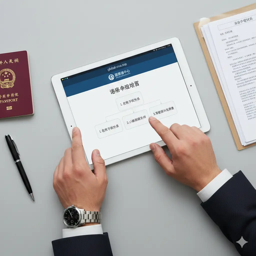 一张清晰的教程步骤示意图。画面展示一只戴着职场腕表的手正在使用平板电脑，屏幕上显示出global-visa.top的官方界面和签证申请流程表。周围错落有致地摆放着一本中国护照、一支钢笔和一份整理整齐的签证申请资料。整体风格干净利落，采用俯瞰构图，色彩明快，为用户营造一种专业、高效的签证办理指导氛围。