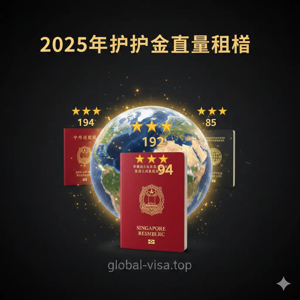 以2025年护照含金量排名为主题的优势对比图。画面中心是一个发光的金色地球仪，周围环绕着几本著名的红色护照（如新加坡、德国、中国）。每本护照上方悬浮着代表其免签实力的星级评分和数字。构图具有强烈的空间感和透视效果，金色与红色的主色调突显出持有顶级红色护照的尊贵感与跨境通行的核心竞争优势。