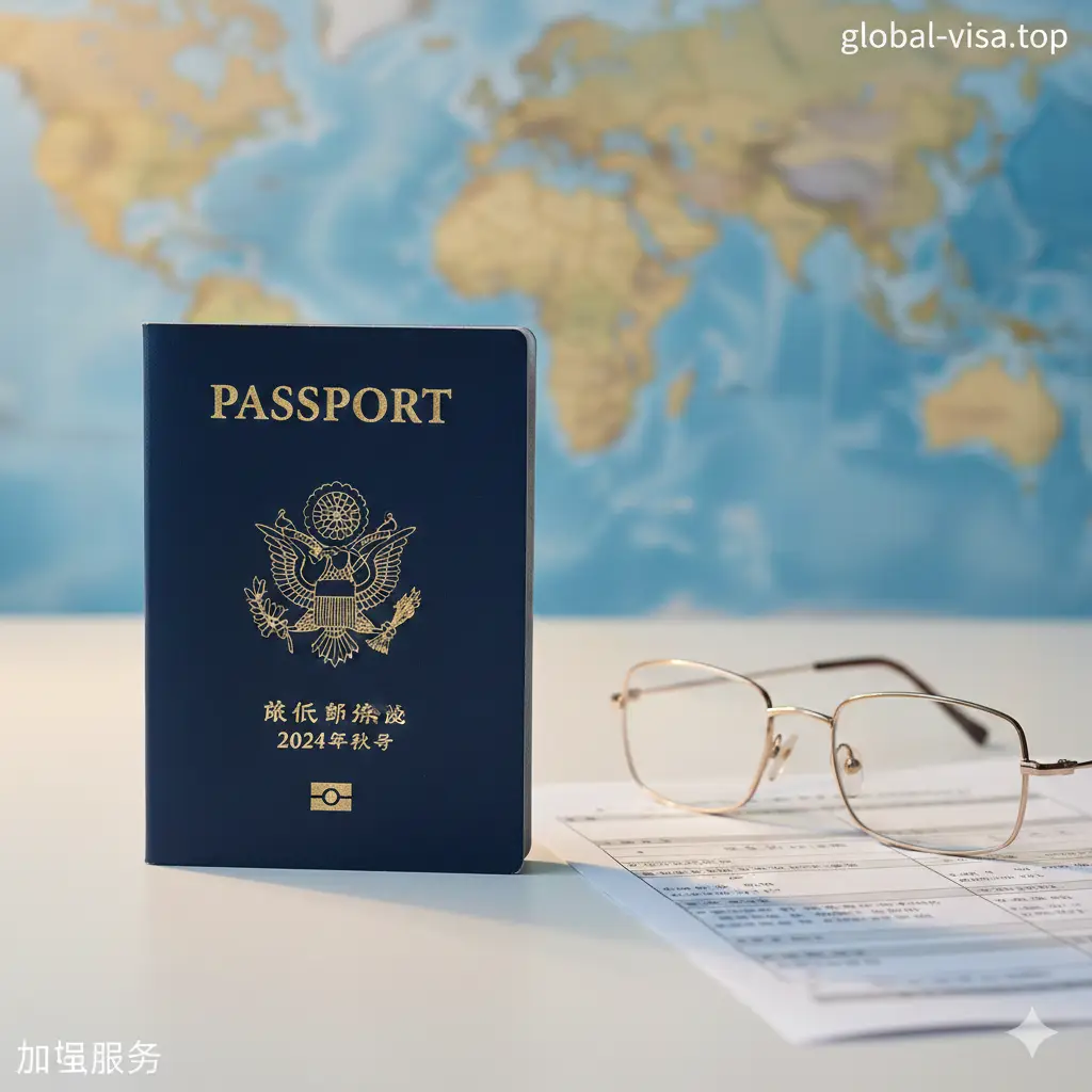 一张高质量且极具权威感的封面图。画面中心是一本深蓝色的美国护照，放置在整洁的办公桌上，旁边配有一副精致的眼镜和一份出国旅行计划表。背景是稍微虚化的全球地图，光线温暖而专业，采用浅景深摄影风格。色彩以深蓝色、金色和米白色为主，营造出一种信任、专业且高效的视觉氛围，构图采用黄金分割法。