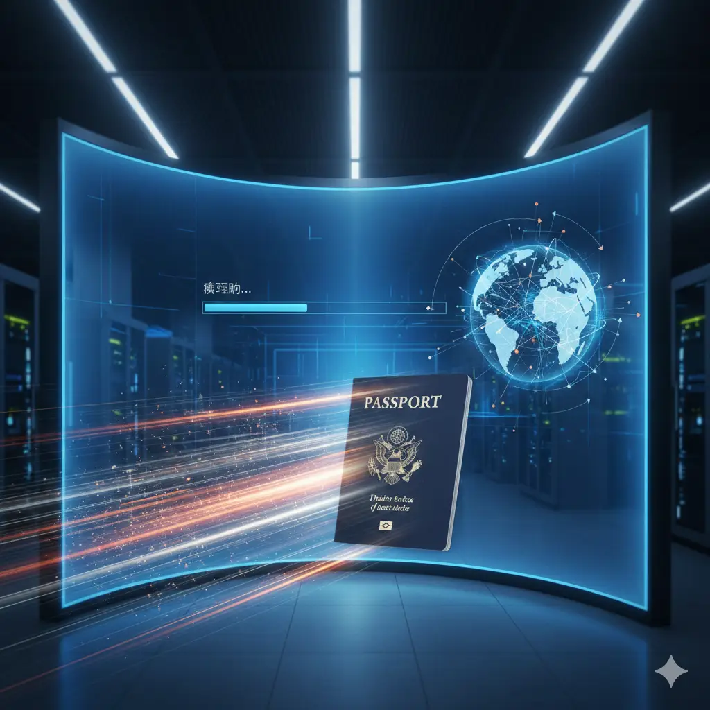 展示美国护照加急办理的功能特性。画面呈现出一个现代化的数字处理中心，发光的屏幕上显示着进度条和全球物流图标。一个代表速度的抽象光影掠过护照样本，象征着流程的高效与快速。整体色调偏向科技感的深蓝与亮白，点缀代表紧急的橙色。构图充满动感，体现出加急服务的核心价值，风格现代且具有商务质感。