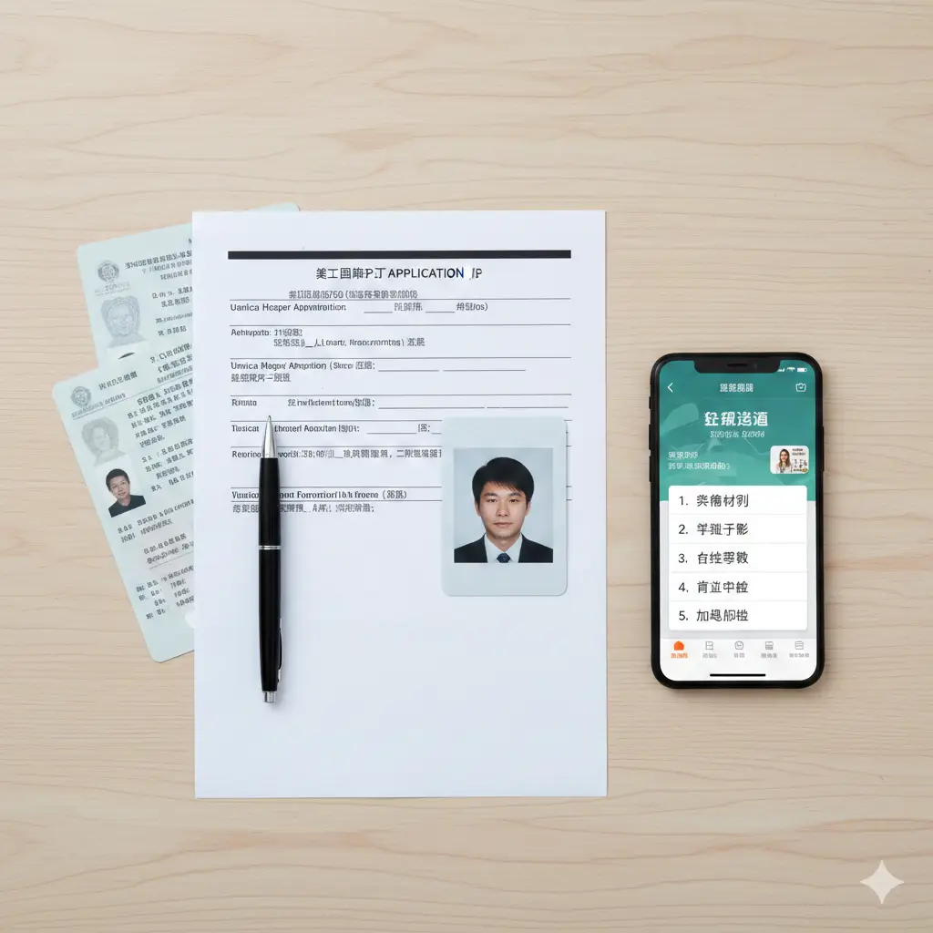 一张清晰易懂的教程指导图。画面以俯视角度展示整理好的申请材料：护照申请表、白底照片、身份证明文件以及一支签字笔。旁边有一部手机显示着办理步骤的App界面。画面干净、整洁，采用高调照明，色彩明亮自然。通过有序的排列引导读者的视觉焦点，展示出加急申请过程中资料准备的标准化和简易性。