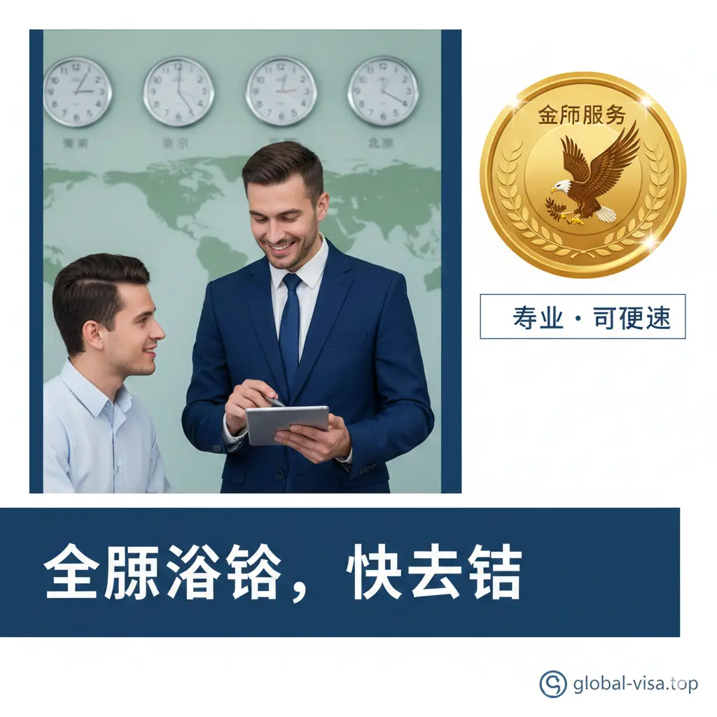 体现global-visa.top平台优势的图片。画面中一名专业顾问正微笑着与客户交流（或侧面手部操作电脑的特写），背景墙上挂着世界主要城市的时间钟表。画面右侧留白处呈现出一枚象征金牌品质的徽章。色彩饱和度适中，以专业蓝和信任绿为主调。构图稳重，强调“专业、可靠、快速”的品牌形象，给人以安全感和信赖感。