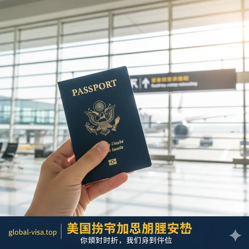 总结性图片，展示成功的喜悦。画面是一个人手握刚刚办好的美国护照，背景是模糊的国际机场航站楼登机口，阳光透窗而入。构图采用特写镜头，强调护照细节和成功办理的结局。色调明亮、充满希望和愉悦感。通过这个场景，向用户传递出选择加急服务后最终顺利出行的完美愿景，为整个办理流程画上圆满句号。