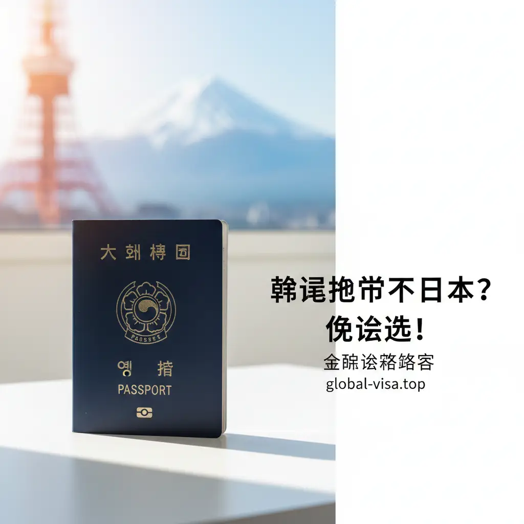 一张高质量的特写摄影图,展示一本深蓝色的韩国护照放置在极简主义风格的白色桌面上,背景是模糊的东京塔或富士山轮廓。阳光斜射,营造出明亮、专业的旅行氛围。构图简洁,留有足够的空白区域用于叠加标题文字,色调以海军蓝和纯净白为主,体现国际旅行的高端感。