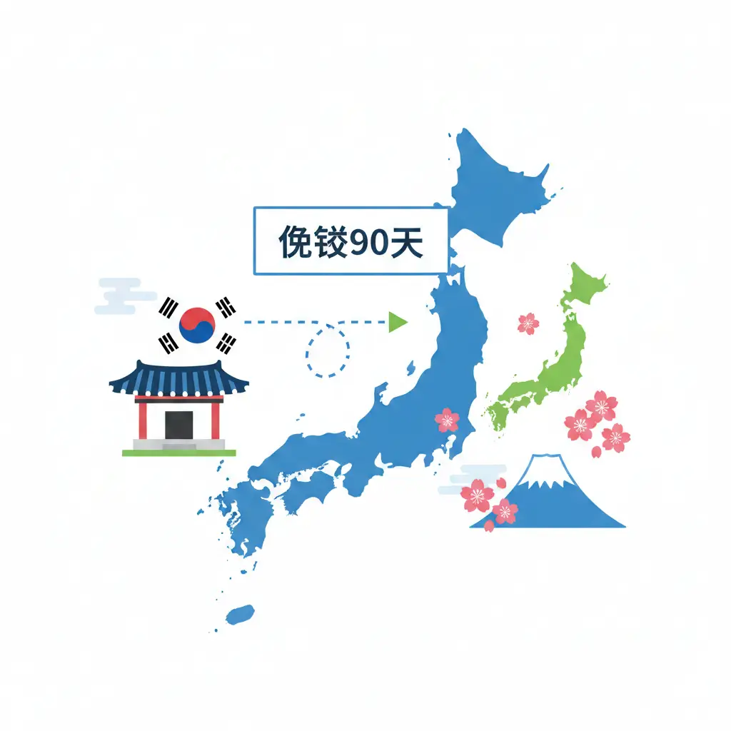 采用扁平化插画风格,展示日本和韩国的地图,中间由象征连接的虚线箭头相连,标注‘90 Days Visa-Free’字样。画面包含标志性的日韩元素,如樱花和韩屋屋檐。色彩明快且具有现代感,使用Global Visa品牌的蓝色和绿色调,直观传达免签政策的核心功能信息。