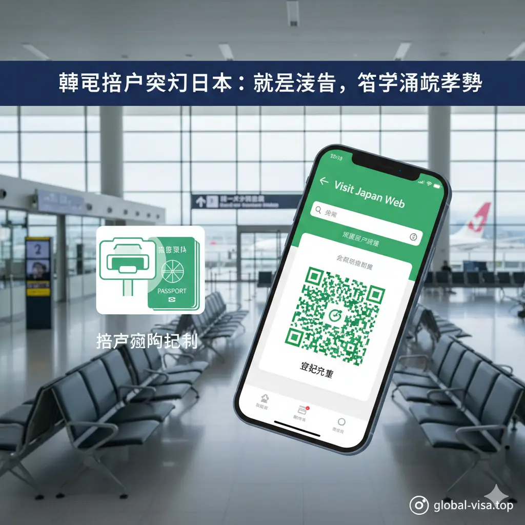 一张展现科技感的教程示意图。画面中心是一部智能手机,屏幕上清晰显示着Visit Japan Web的官方登录界面和代表成功的绿色二维码。背景是日本机场(如羽田或成田)的现代候机厅。构图采用俯视角度,强调操作的便捷性和数字化流程,并在侧边展示护照扫描的示意元素。